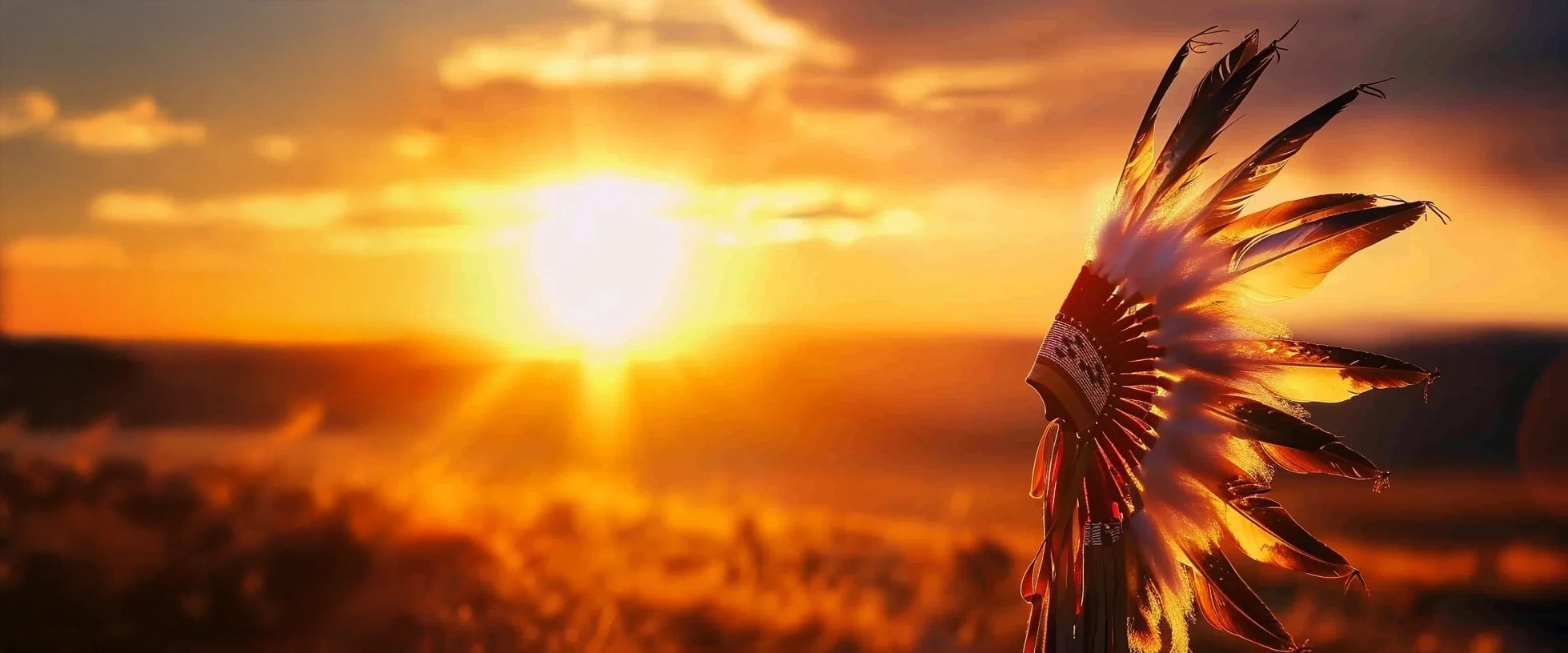 Ioway feathered headdress silhouetted against a prairie sunset