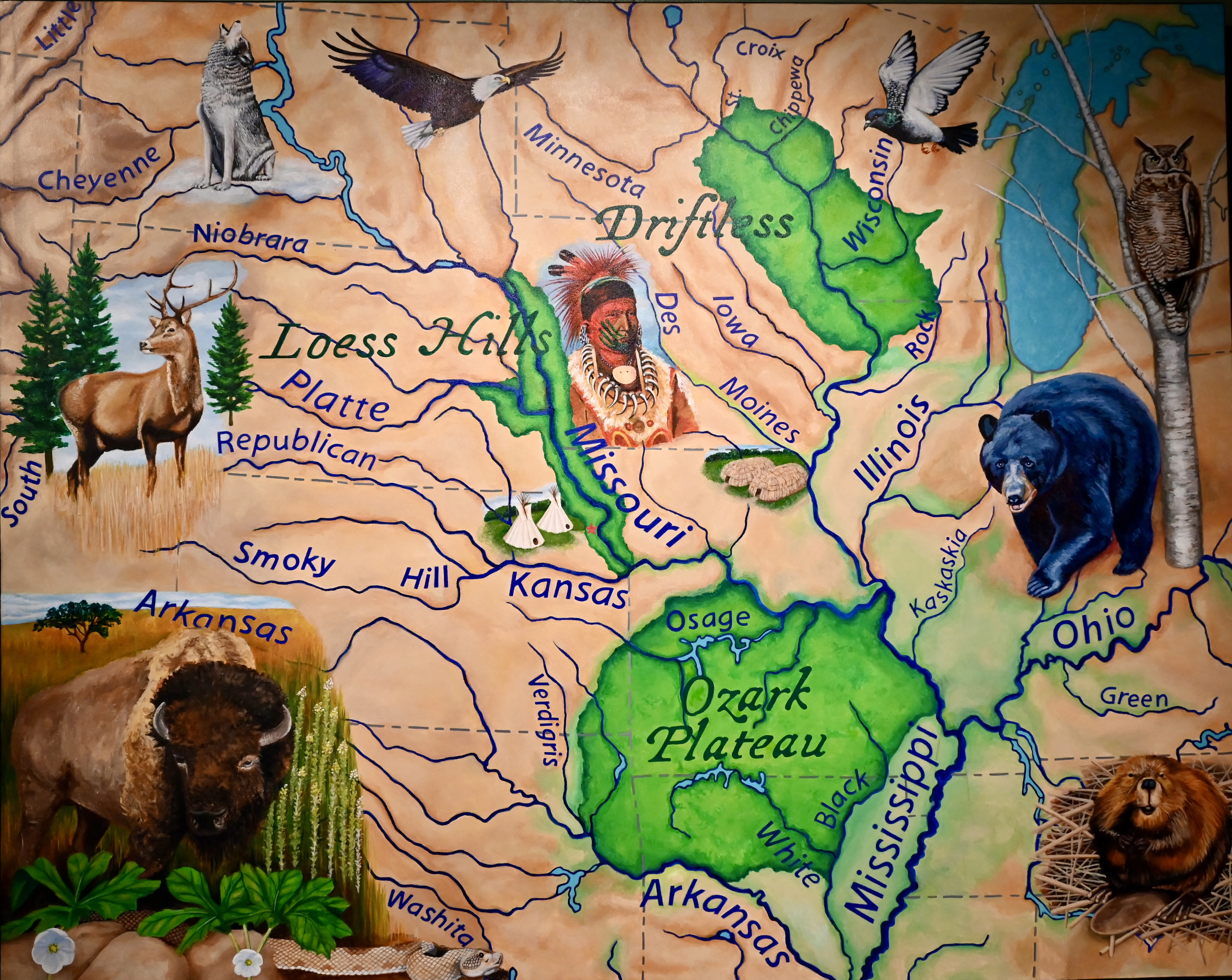 Colorful illustrated map of the central United States with rivers, wildlife, and Indigenous figure